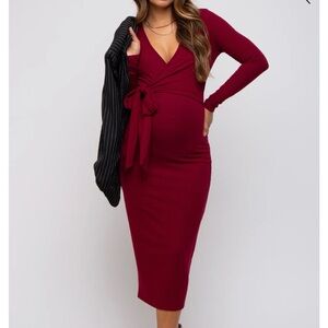 PinkBlush Burgundy Ribbed Long Sleeve Maternity Wrap Dress